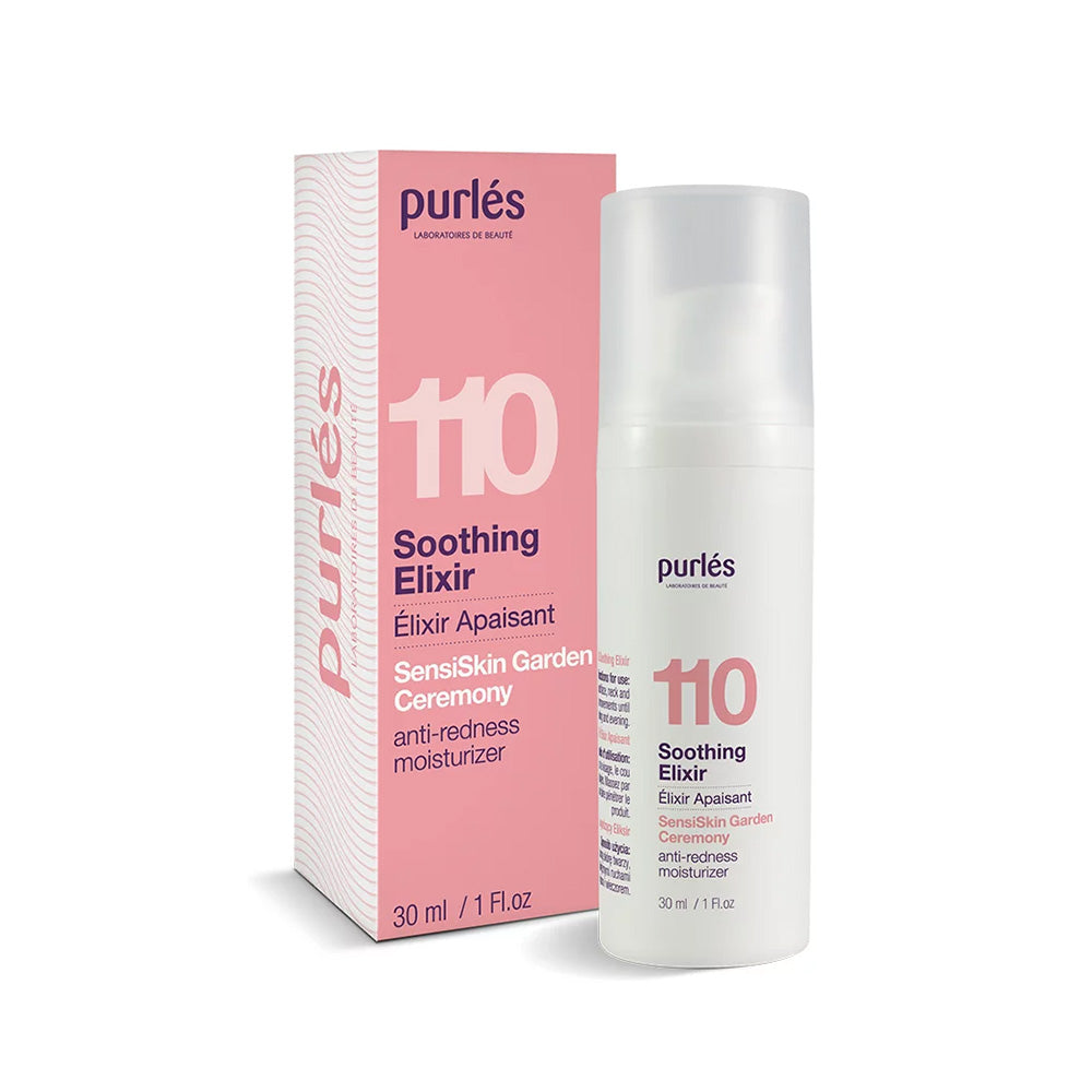 Eine 30 ml Flasche und eine Schachtel von Purlés Sensi Skin Garden Ceremony 110 Soothing Elixir, einer Feuchtigkeitscreme gegen Rötungen von Purlés, in einer rosa-weißen Verpackung mit englischen und französischen Angaben.