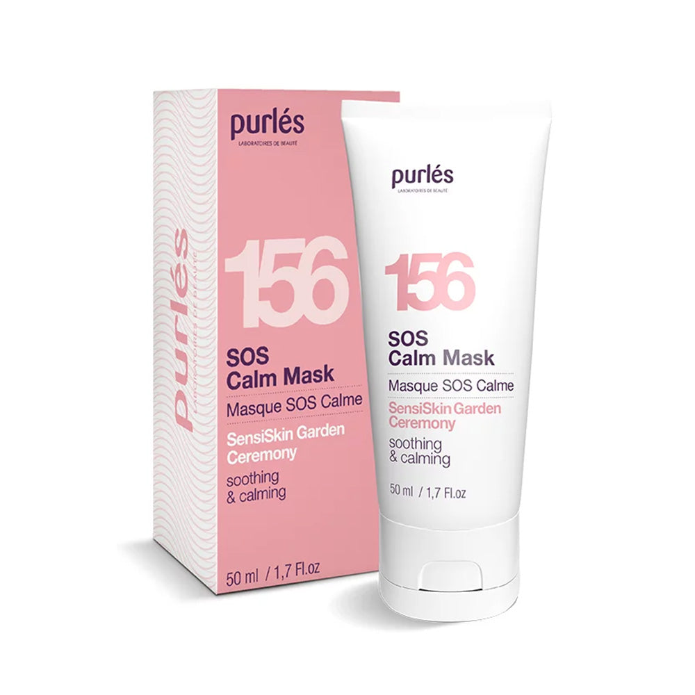 Purlés Sensi Skin Garden Ceremony 156 SOS Calm Mask kommt in einer 50 ml (1,7 fl oz) weißen und rosafarbenen Tube mit Schachtel, die als beruhigende Maske für empfindliche Haut von Purlés gekennzeichnet ist.