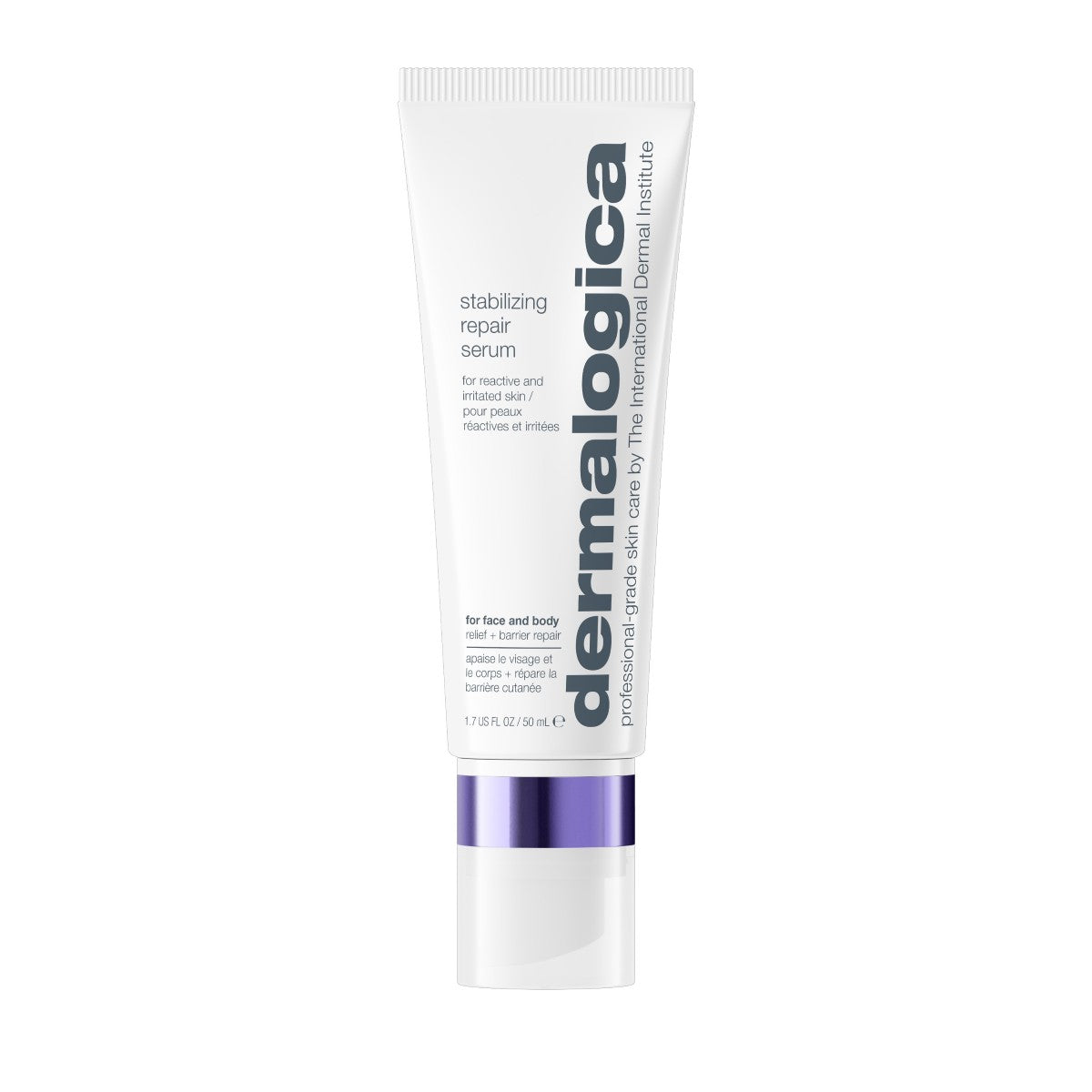 Eine weiße Tube „Stabilizing Repair Serum“ von Dermalogica mit einem silber-lila Verschluss und blau-grauer Beschriftung auf dem Etikett. Dieses Serum für empfindliche Haut stärkt die Hautbarriere und bietet beruhigende Pflege bei Problemen wie Ekzemen.