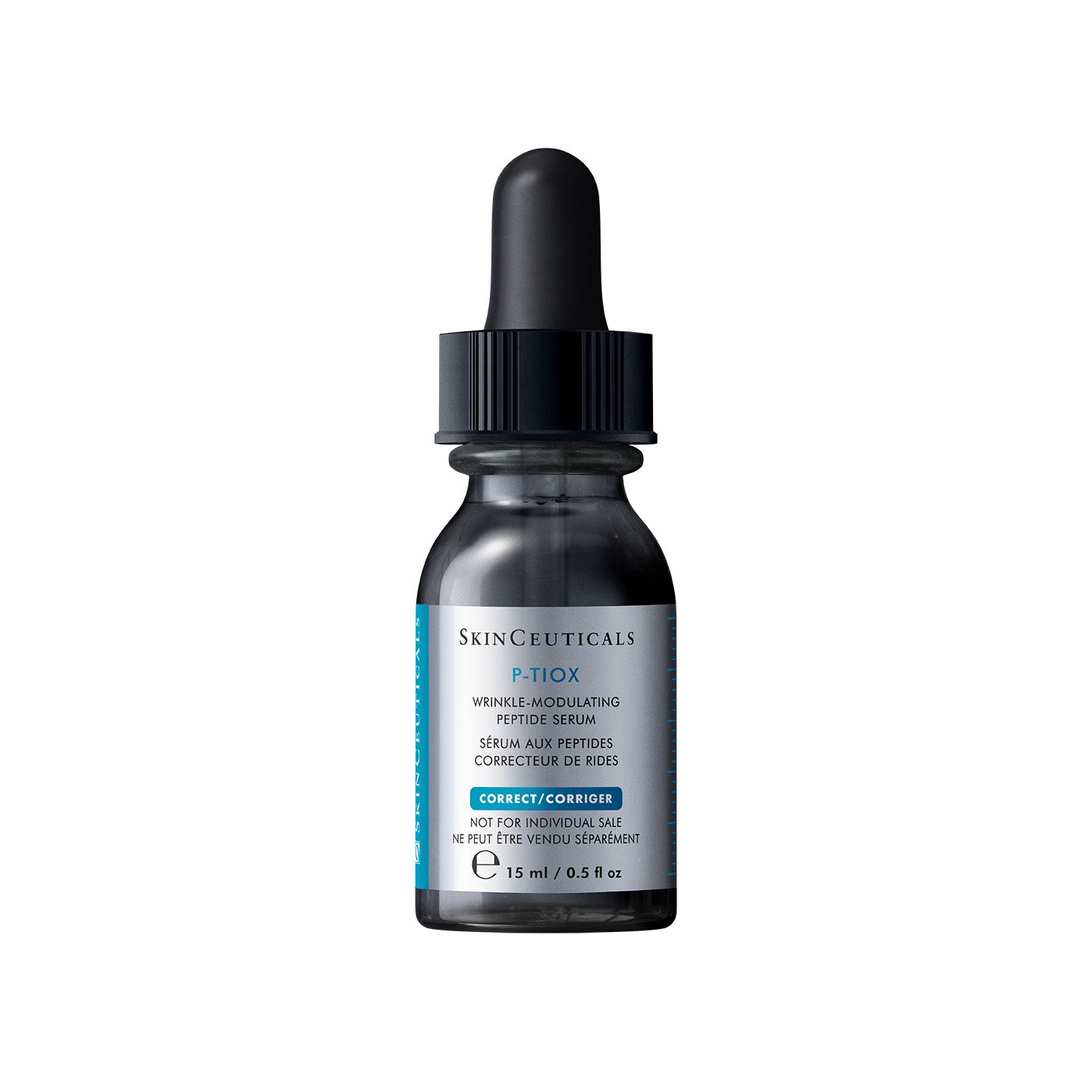 Eine 15-ml-Tropfflasche von No.1 Cosmetics P-TIOX in Reisegröße (15 ml) mit schwarzem Tropfverschluss und einem blau-weißen Etikett, auf dem der Produktname und die Verwendungszwecke angegeben sind.