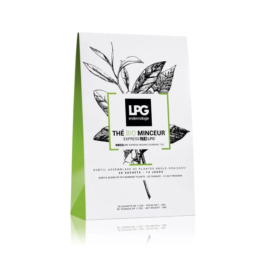 Eine weiß-grüne Dose LPG - 14 Tage Express Bio Abnehmtee mit botanischen Motiven, gekennzeichnet als Bio-Abnehmtee von LPG mit 28 Beuteln für ein 14-Tage-Programm.