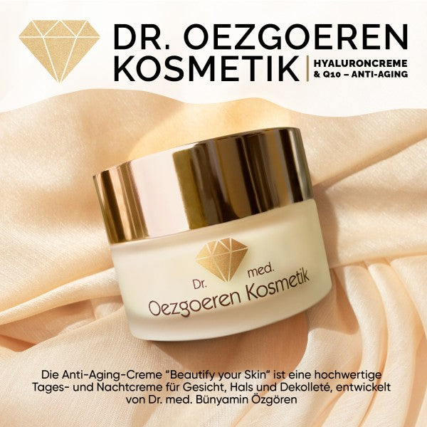 Ein goldener und weißer Tiegel der "Dr. med. Oezgoeren Kosmetik - Beautify your Skin Anti Aging Creme" von No.1 Cosmetics ruht auf einem goldenen Hintergrund, mit einem Text über der Hyaluronformel und einer deutschen Beschreibung unter dem Tiegel.