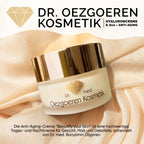 Ein goldener und weißer Tiegel der "Dr. med. Oezgoeren Kosmetik - Beautify your Skin Anti Aging Creme" von No.1 Cosmetics ruht auf einem goldenen Hintergrund, mit einem Text über der Hyaluronformel und einer deutschen Beschreibung unter dem Tiegel.