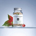 Ein Glas mit beigen LPG - FAT-BURNING CONCENTRATE Kapseln von LPG steht auf einer durchsichtigen Fläche neben einem grün-roten Blatt und einer kleinen roten Frucht vor einem hellblauen Hintergrund mit Farbverlauf.