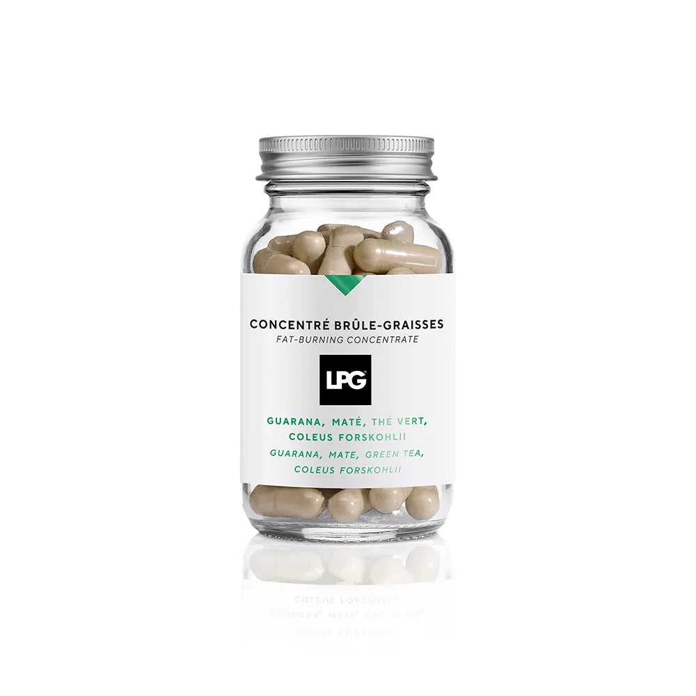 Eine durchsichtige Dose mit beigen Kapseln mit der Aufschrift LPG - FAT-BURNING CONCENTRATE von LPG, mit Inhaltsstoffen wie Guarana, Mate, grünem Tee und Coleus forskohlii.