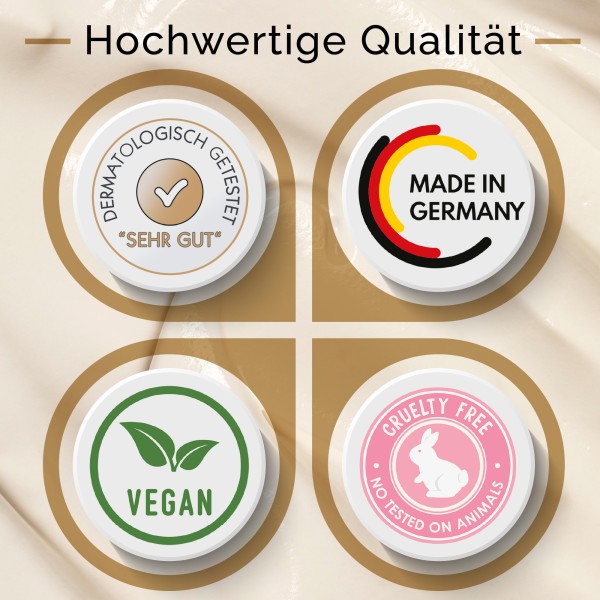 Oben: Hochwertige Qualität. Vier runde Plaketten auf beige für Dr. med. Oezgoeren Kosmetik - Beautify your Skin Anti Aging Creme von No.1 Cosmetics: dermatologisch getestet, sehr gut, Made in Germany, Vegan & Cruelty Free (Hasensymbol).