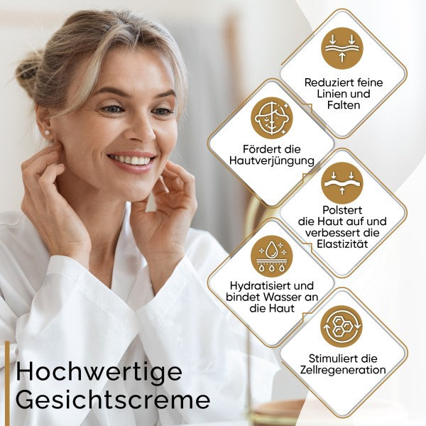 Eine lächelnde Frau trägt die Dr. med. Oezgoeren Kosmetik - Beautify your Skin Anti Aging Creme von No.1 Cosmetics vor einem Spiegel auf; vier deutsche Icons heben die Vorteile hervor: reduziert feine Linien, verjüngt die Haut, erhöht die Elastizität, spendet Feuchtigkeit und stimuliert die Zellerneuerung.