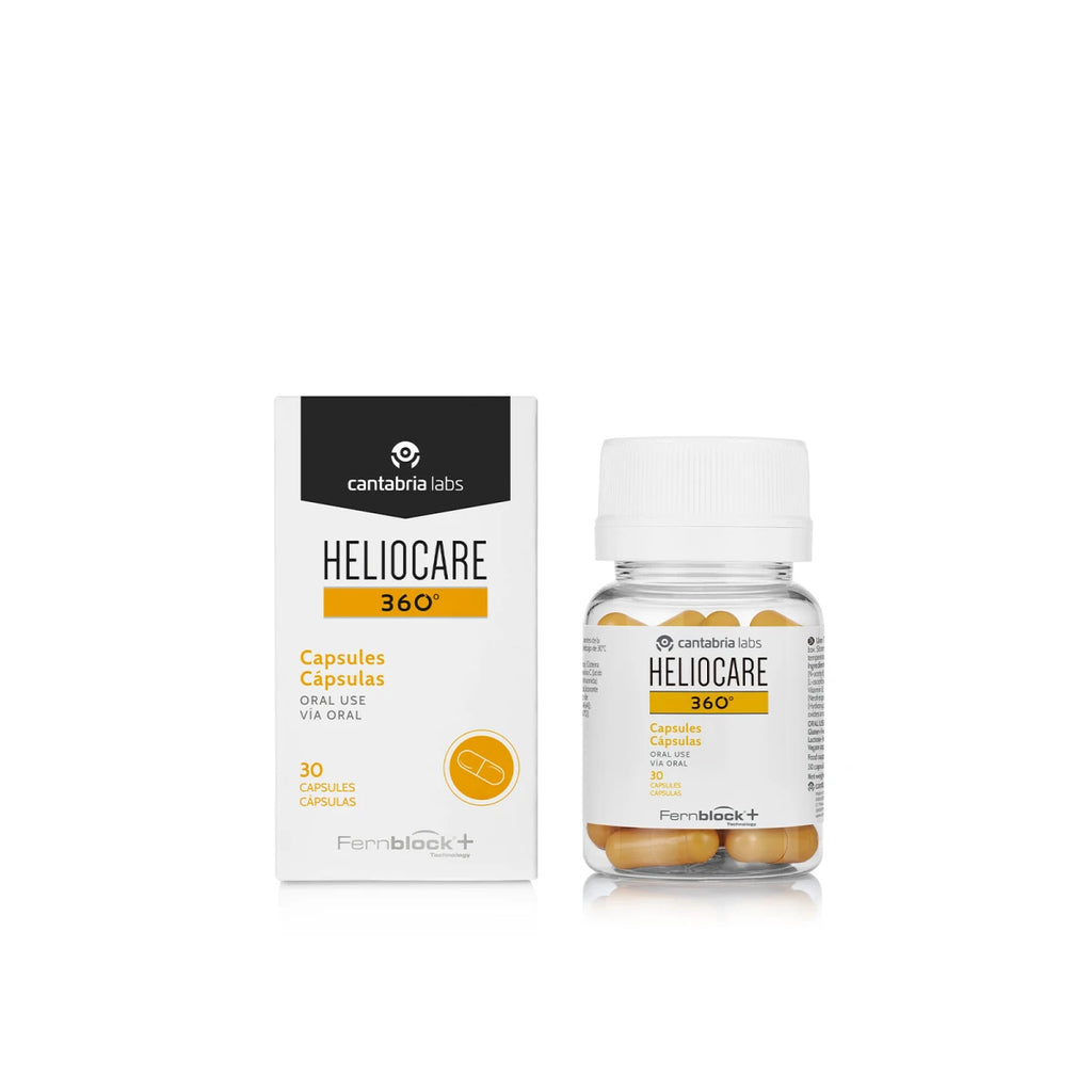 Eine Schachtel und eine Flasche HELIOCARE® 360° - Oral Kapseln von Heliocare sind nebeneinander abgebildet. Die weiße Schachtel weist gelbe und schwarze Details auf, während die transparente Flasche gelbe Kapseln enthält.