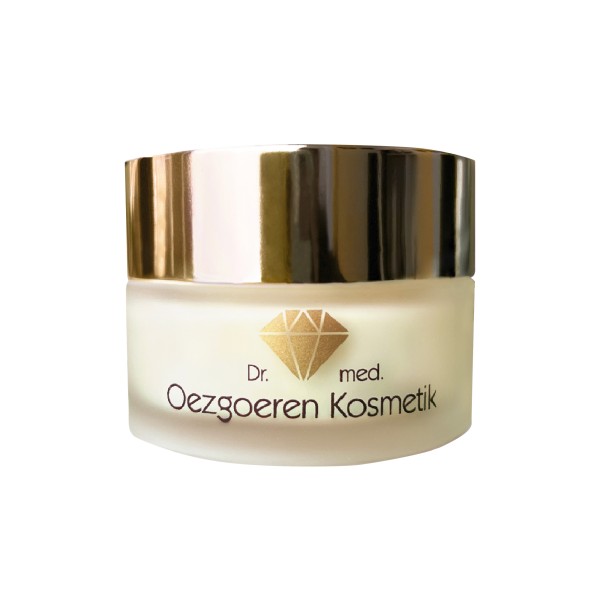 Ein weißer Tiegel mit einem goldglänzenden Deckel, beschriftet mit "Dr. med. Oezgoeren Kosmetik - Beautify your Skin Anti Aging Creme" von No.1 Cosmetics, zeigt ein goldenes Diamantsymbol und enthält eine Hautpflegecreme.