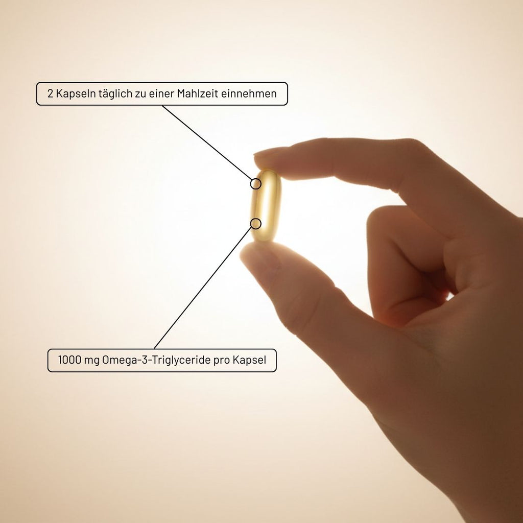 Eine Hand hält eine durchsichtige medi Omega 3 Kapsel von medigevity. Text: 2 Kapseln täglich zu einer Mahlzeit einnehmen; jede enthält 1000 mg Omega-3-Triglyceride.