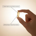 Eine Hand hält eine durchsichtige medi Omega 3 Kapsel von medigevity. Text: 2 Kapseln täglich zu einer Mahlzeit einnehmen; jede enthält 1000 mg Omega-3-Triglyceride.