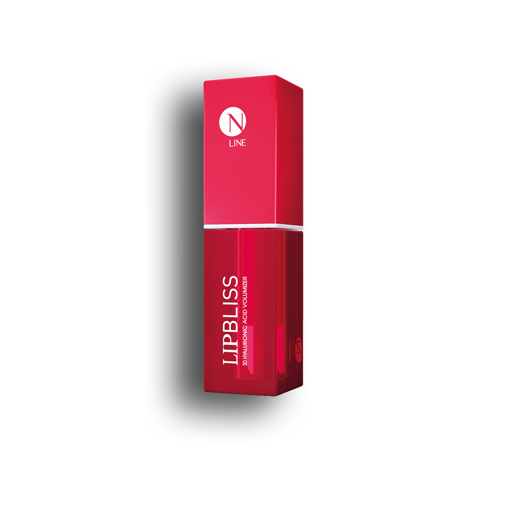 Ein roter und rosafarbener rechteckiger NLINE Lip Bliss Kosmetikflakon mit dem NEAUVIA-Branding ist auf einem schlichten weißen Hintergrund abgebildet, der links einen weichen Schatten aufweist.