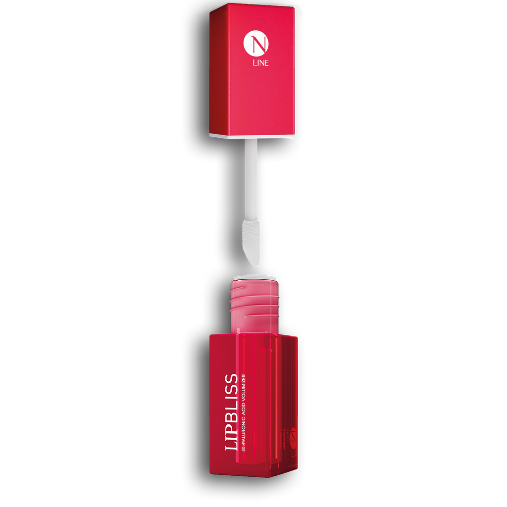 Eine rote Tube NEAUVIA NLINE Lip Bliss mit geöffneter Kappe und einem weißen Applikator, der über die offene Flasche gehalten wird, vor einem weißen Hintergrund.