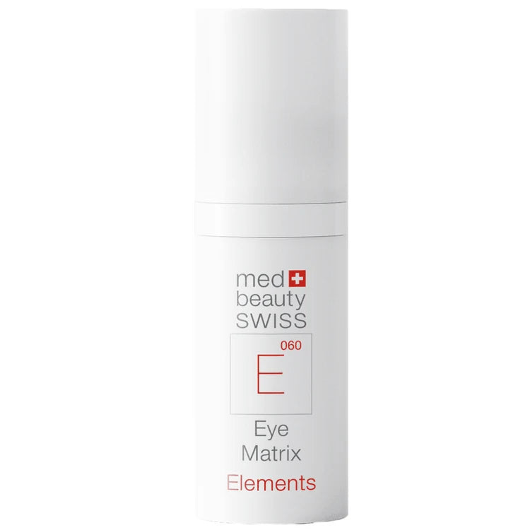 Weiße, zylindrische Med Beauty Swiss – Elements Eye Matrix Serum-Pumpflasche mit Produktbeschriftung.