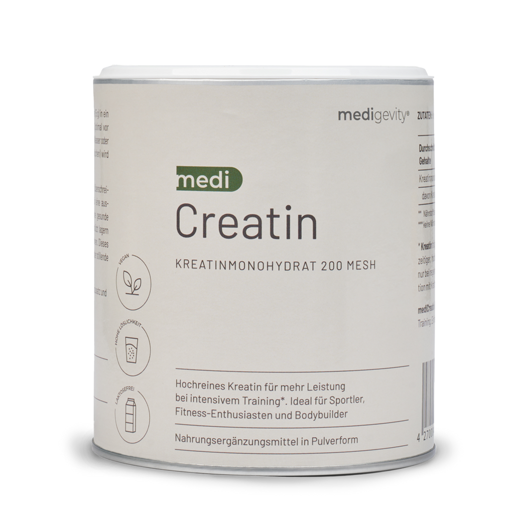 Ein weißer Kanister von medigevity - medi Creatin Kreatinpulver zeigt deutsche Details zu Kreatin-Monohydrat-Pulver, entwickelt für Sportler und Fitnessfans von medigevity.
