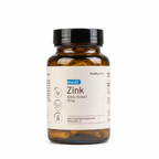 Eine Braunglasflasche von medigevity medi Zink enthält 90 Zinkkapseln (25 mg) zur Unterstützung des Immunsystems. Das meist weiße Etikett mit blauer und schwarzer Schrift enthält Nährwert- und Dosierungsangaben in deutscher Sprache.