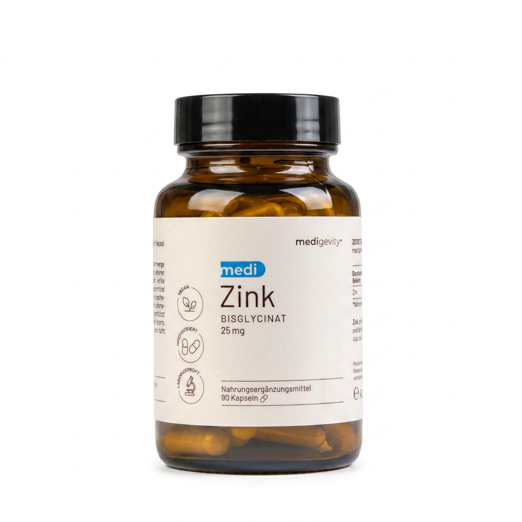 Eine Braunglasflasche von medigevity medi Zink enthält 90 Zinkkapseln (25 mg) zur Unterstützung des Immunsystems. Das meist weiße Etikett mit blauer und schwarzer Schrift enthält Nährwert- und Dosierungsangaben in deutscher Sprache.