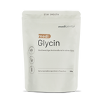 Ein weißer, wiederverschließbarer Beutel mit der Aufschrift "medigevity - medi Glycin Pulver" von medigevity, mit Pflanzen- und Weizensymbolen, enthält laut deutschem Text 300 g reines Glycin-Aminosäurepulver.