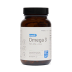 Eine braune Flasche mit weißem Etikett zeigt medi Omega 3 von medigevity, das 60 Kapseln mit hochkonzentriertem Fischöl aus Wildfängen enthält.