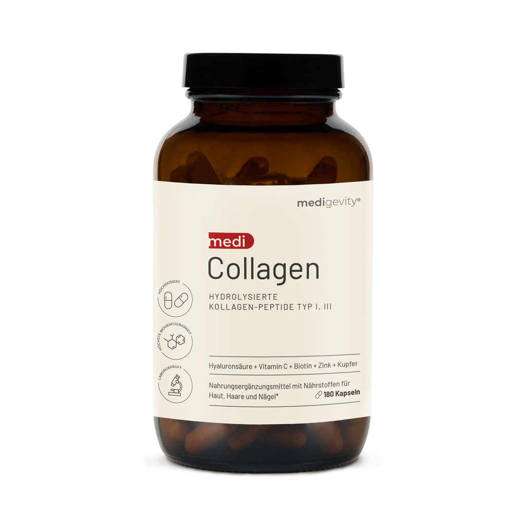 Eine braune Flasche mit der Aufschrift medigevity - mediCollagen Kollagen Kapseln, die 180 Kapseln mit hydrolysierten Kollagenpeptiden der Typen I und III sowie Hyaluronsäure, Vitaminen und Mineralien für Haut, Haare und Nägel enthält.