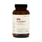 Eine braune Flasche mit der Aufschrift medigevity - mediCollagen Kollagen Kapseln, die 180 Kapseln mit hydrolysierten Kollagenpeptiden der Typen I und III sowie Hyaluronsäure, Vitaminen und Mineralien für Haut, Haare und Nägel enthält.