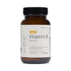 Eine braune Glasflasche mit schwarzem Verschluss und der Aufschrift "medigevity - medi Vitamin B Komplex" enthält 90 Kapseln. Das deutsche Etikett beschreibt es als ein bioaktives B-Komplex-Ergänzungsmittel mit allen acht B-Vitaminen.