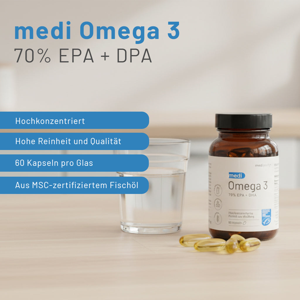 Eine Flasche medigevity medi Omega 3 steht neben einem Glas Wasser und Kapseln. Der Text hebt 70% EPA + DPA, 60 hochreine Kapseln pro Flasche und MSC-zertifiziertes Fischöl hervor.