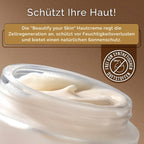 Nahaufnahme eines geöffneten Tiegels der Dr. med. Oezgoeren Kosmetik - Beautify your Skin Anti Aging Creme von No.1 Cosmetics mit deutschem Text über den Hautpflegevorteilen und einem kreisförmigen Etikett, das angibt, dass sie frei von synthetischen Duftstoffen ist, auf einem Hintergrund mit sanftem braunen Farbverlauf.